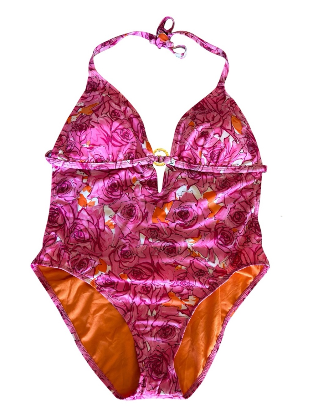 NWT St John Pink Floral One-Piece Swimsuit with Orange Accents Sz 16 (runs sm)